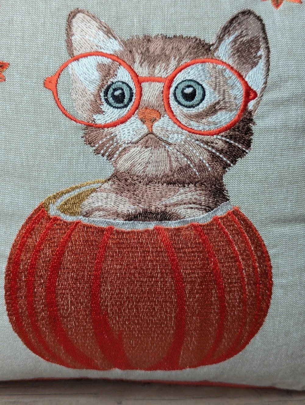 Pier 1 Imports Harvest Cat in Pumpkin Embroidered Throw Pillows - Set of 2